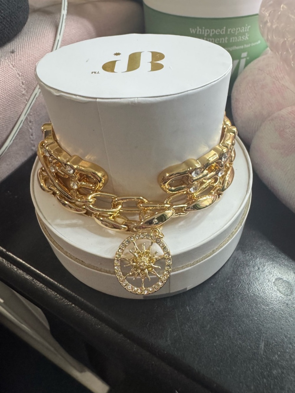 bp Gold-Tone Double Chain Bracelet with Sunburst Crystal Pendant